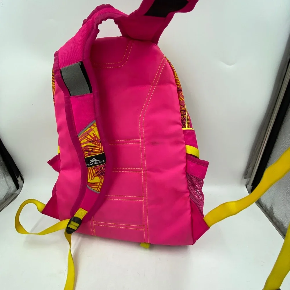High Sierra Backpack Pink Yellow Tropical Palm Leaf Print Multi-Pocket 18in